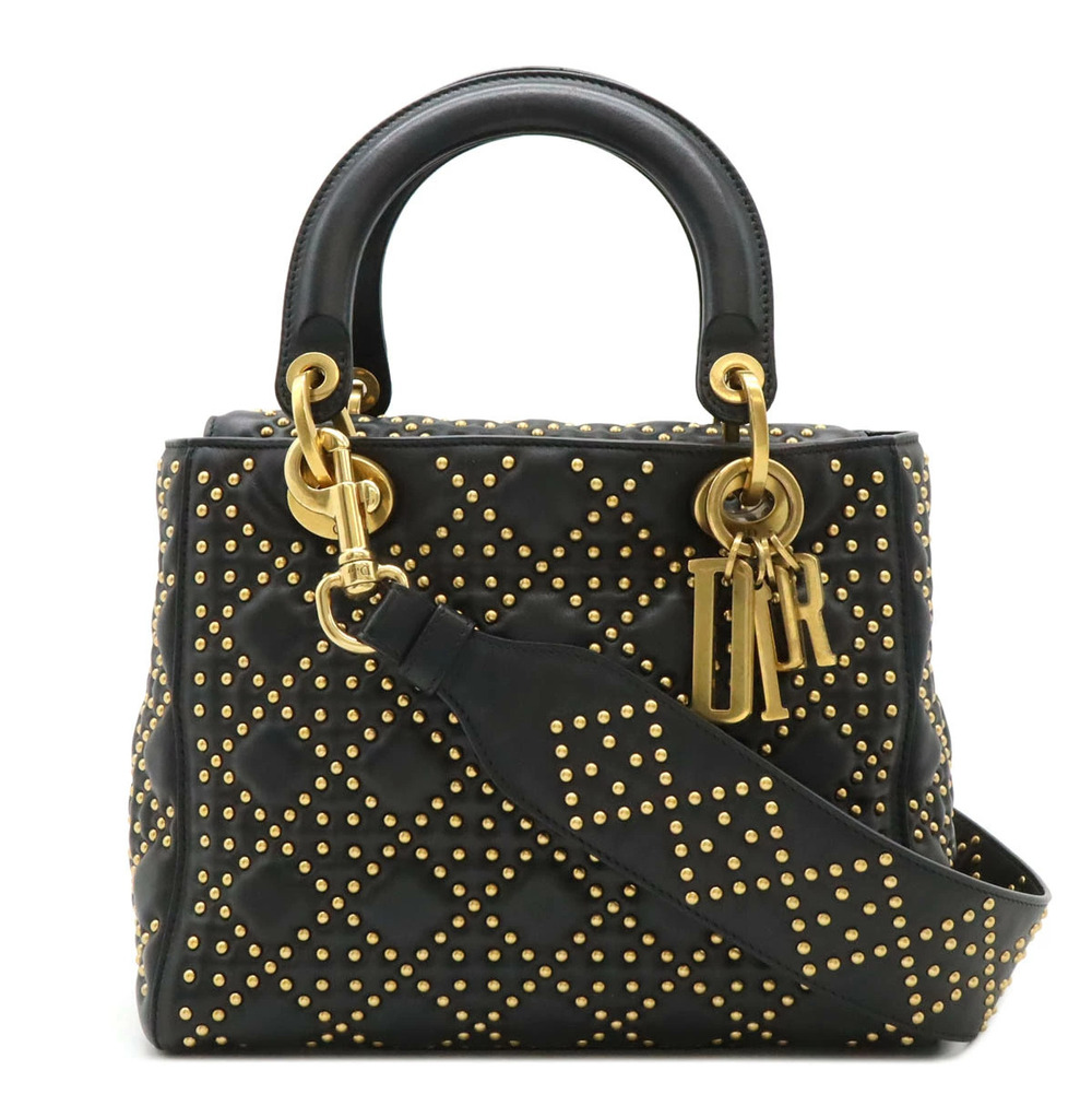 Christian Dior Lady Cannage 2way Shoulder Bag Studded Leather Black